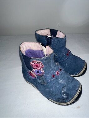 Stride Rite Navy Suede Flower Detail Boots with Pink Accents